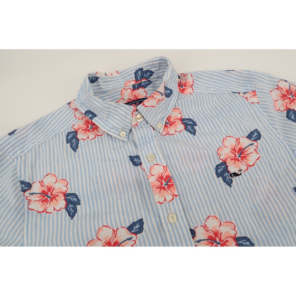 Vineyard Vines Button Down Mens Medium Blue Floral Striped Whale Hawaiian Shirt